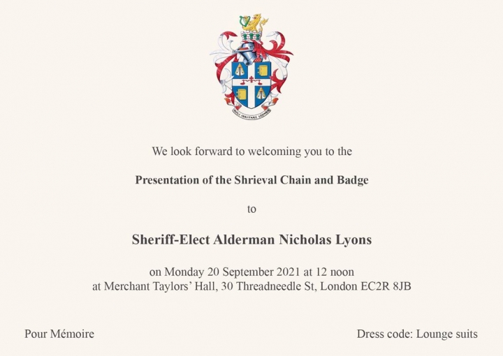 Presentation of the Shrieval Chain and Badge to Sheriff-Elect Alderman Nicholas Lyons Merchant Taylors Hall