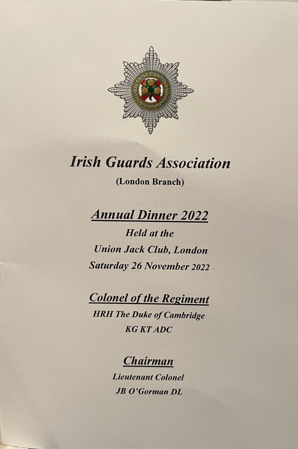 Irish Guards Assoc Dinner Union Jack Club
