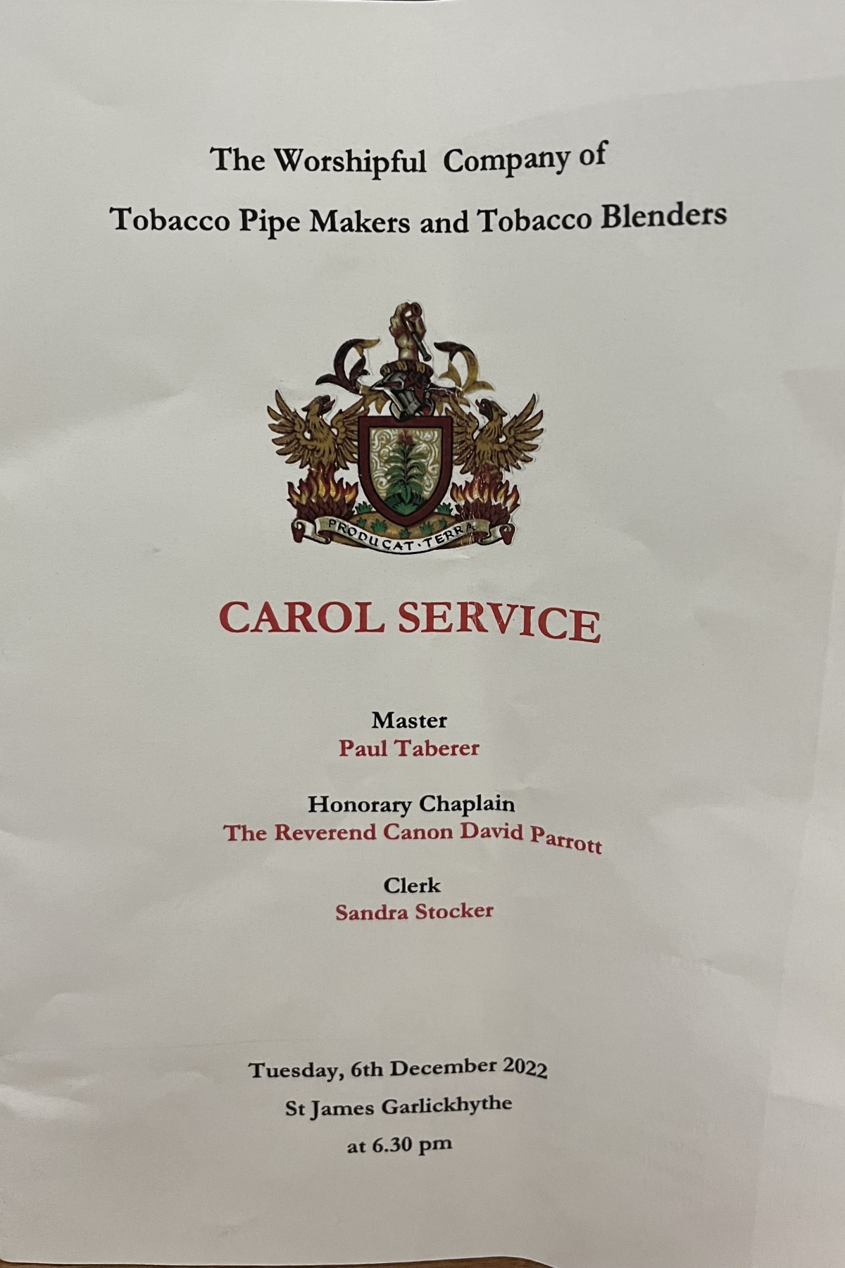 Carol Service - held by The Worshipful Company of Tobacco Pipe Makers and Tobacco Blenders Church of St James Garlickhythe