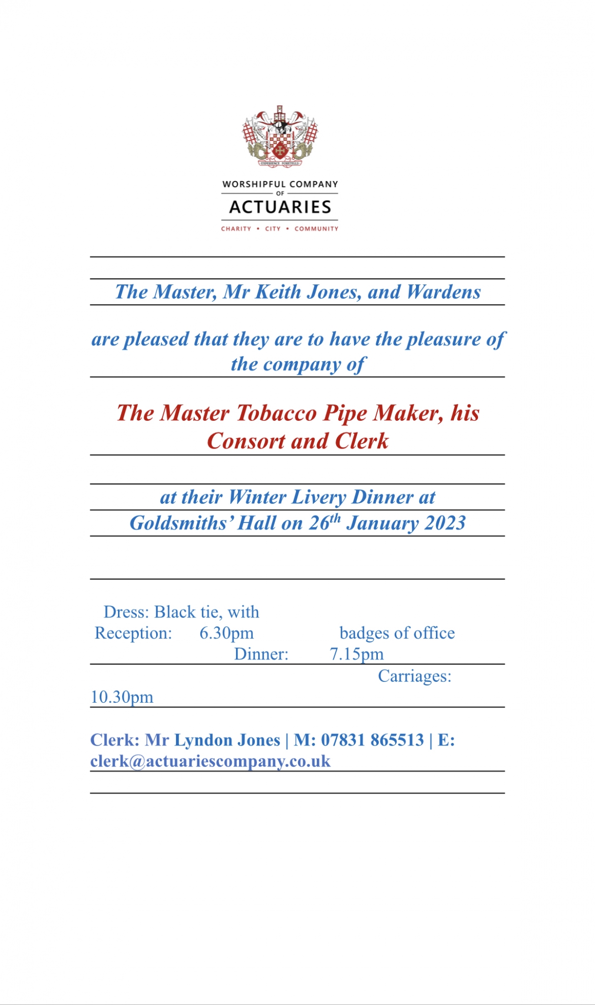 Actuaries Winter Livery Dinner Goldsmiths' Hall