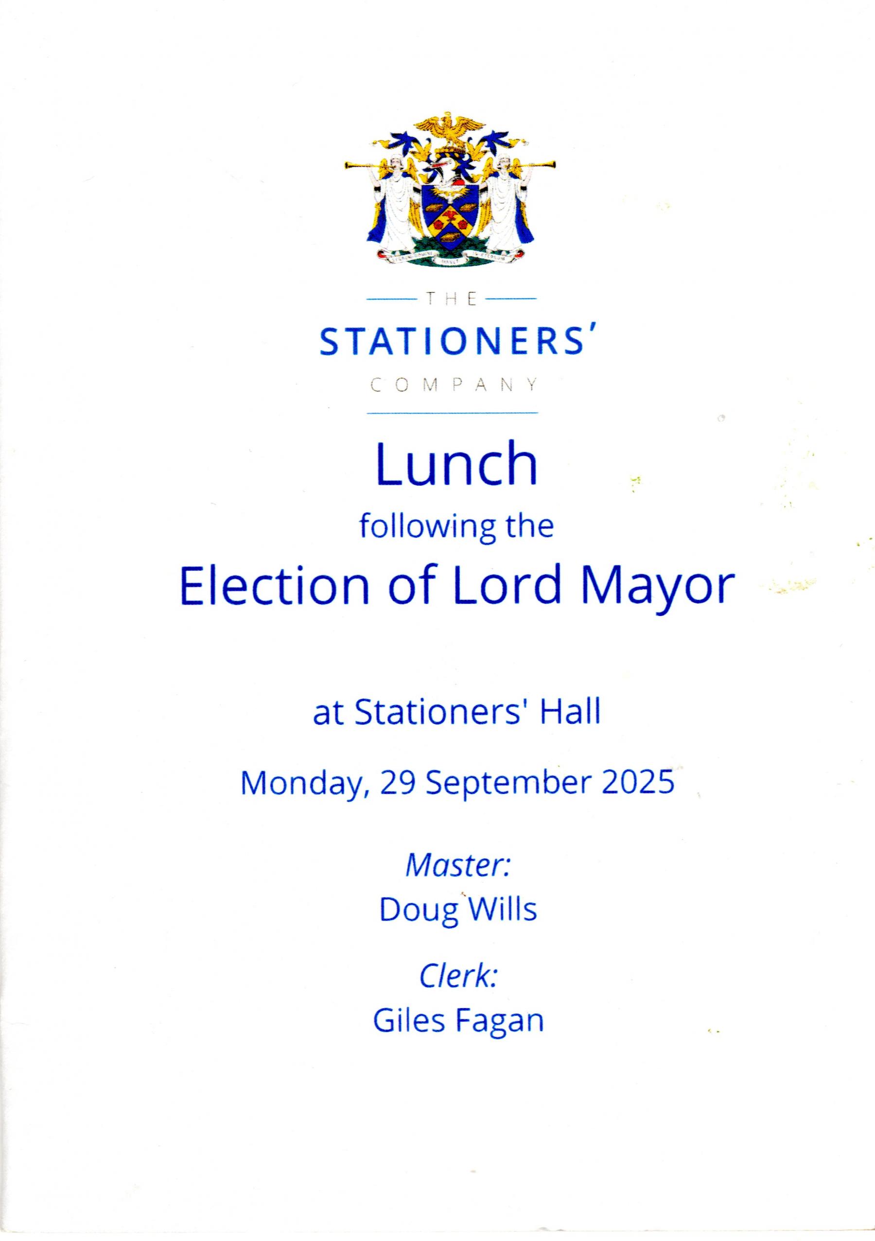 Menu for lunch at stationers' Hall