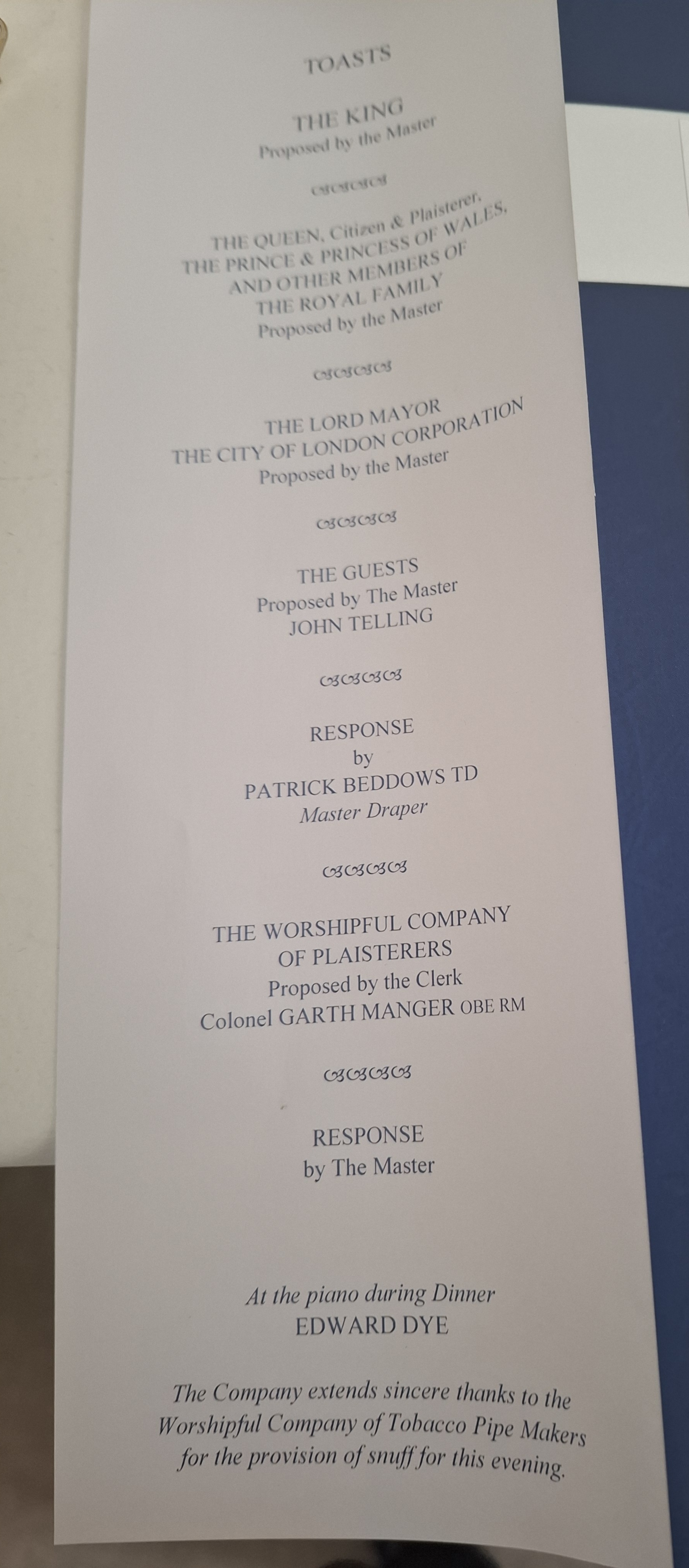 Plaisterers Dinner for Masters and Clerks Plaisterers Hall