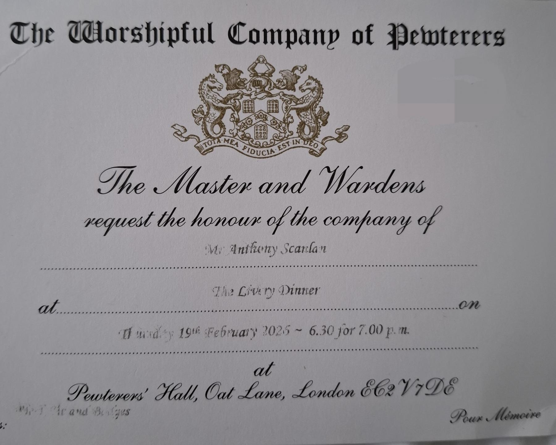 Pewterers Master and Clerks Dinner Pewterers Hall