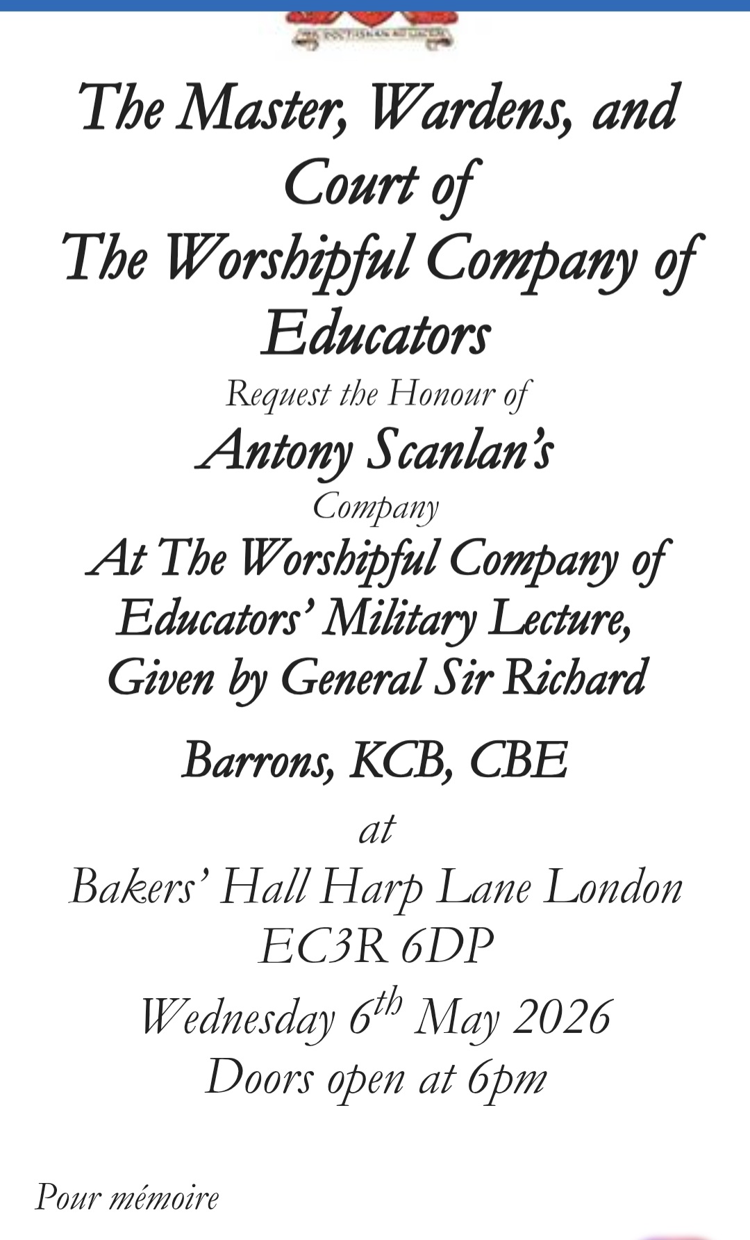 Worshipful Company of Educators' Military Lecture Bakers' Hall