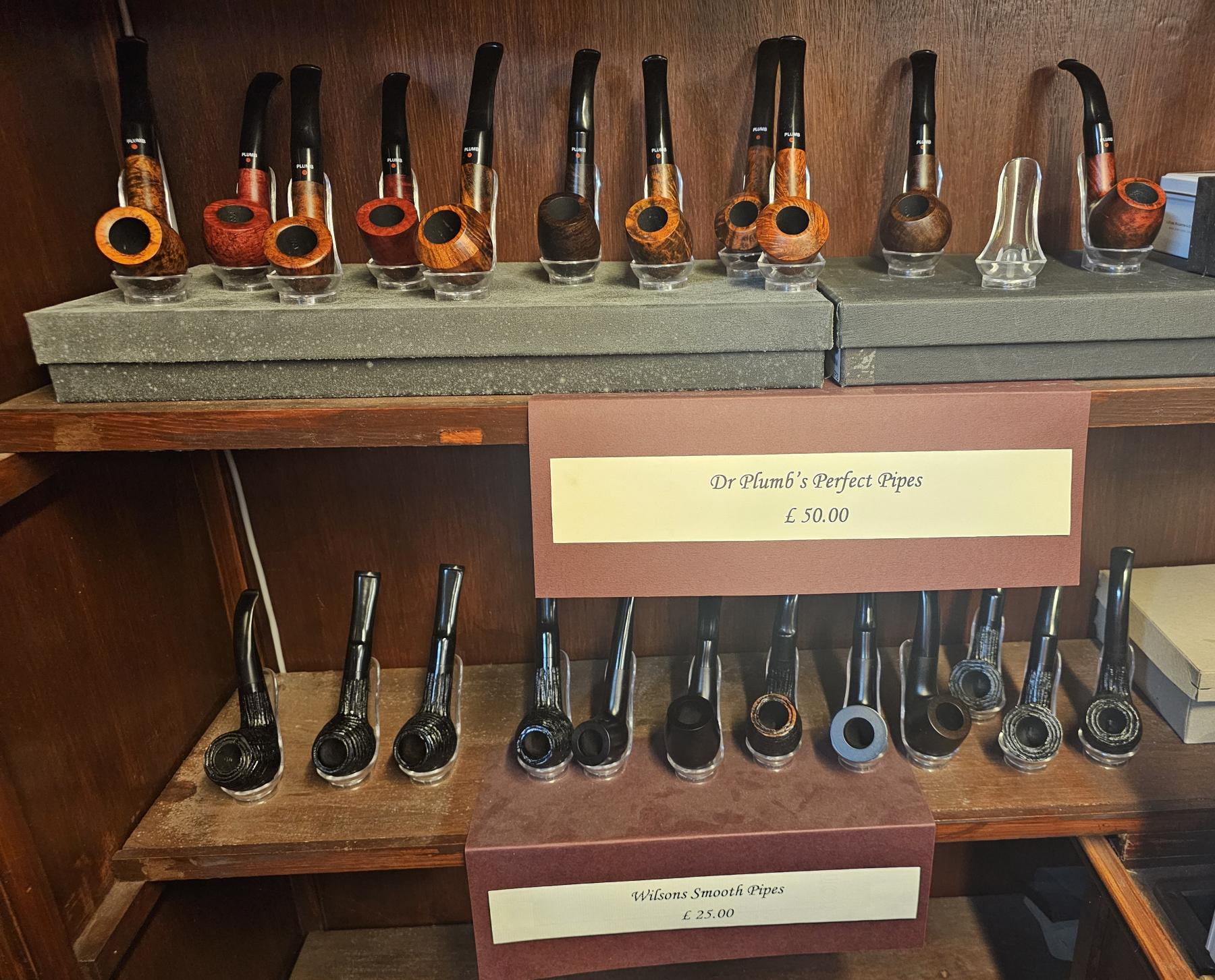 Briar pipes in the cigar shop The Livery in Dickens-land